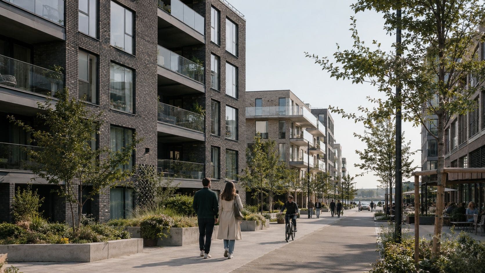 Beboere på vei langs boliggate i et moderne boligområde